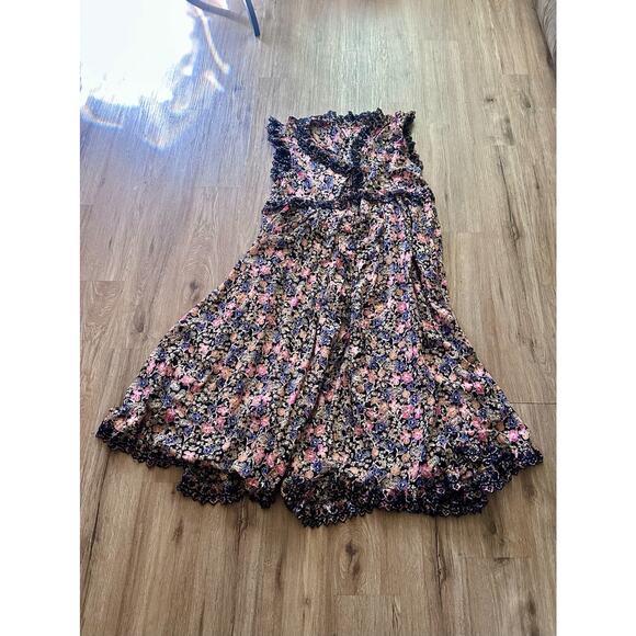 Free People Milania Cotton Midi Dress Black Combo Floral Print Sz L Boho Cottage - Picture 5 of 13